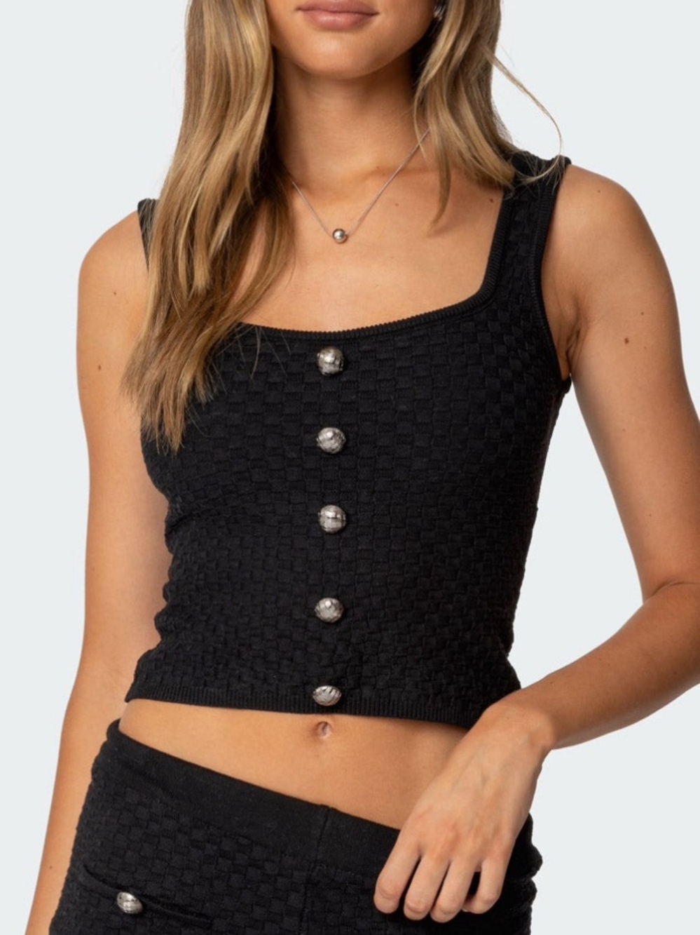Edikted — Black Knit Button Front Tank Top